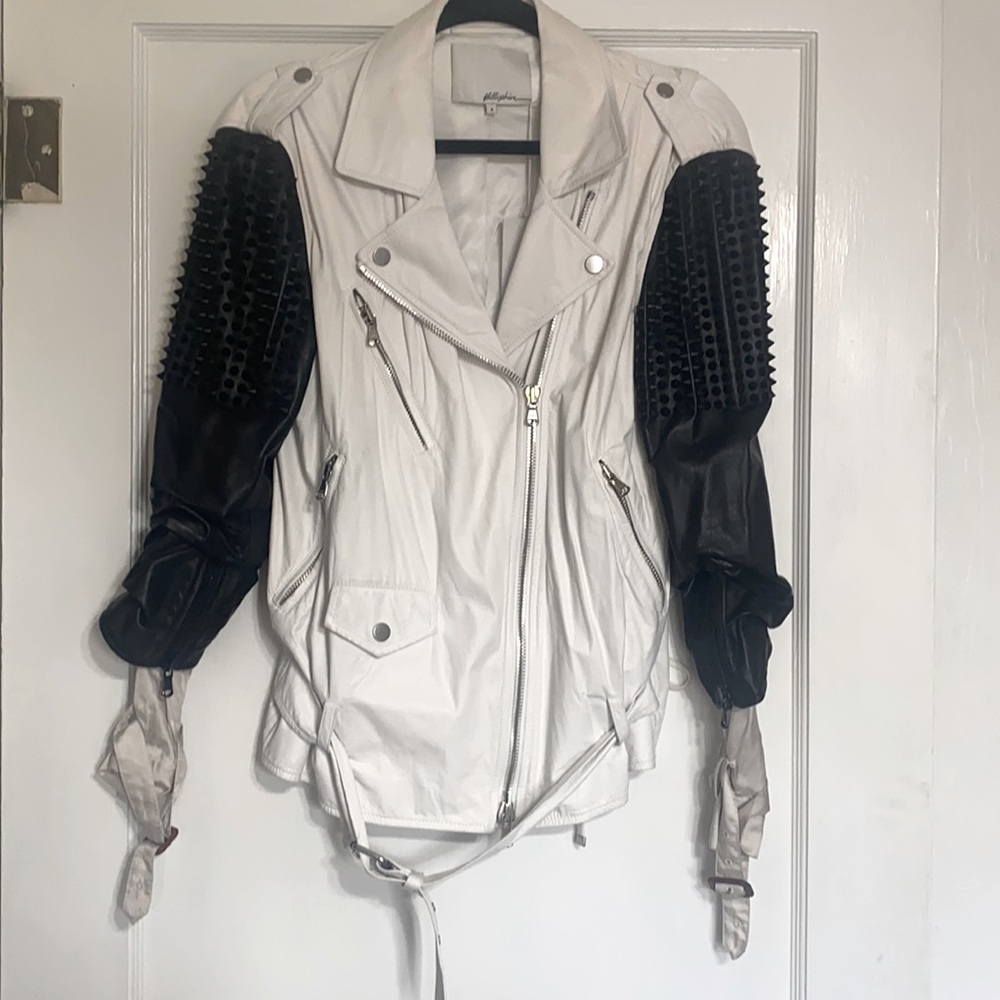 White Leather Jacket w/ Black Studded Sleeves